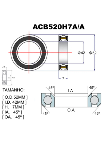 ROLAMENTO PREMIUM ACB520H7A/A Ø52.0X42X7X45X45 ACROS INTEGRATED